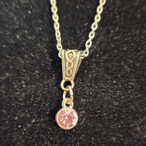 Silver Toned Necklace with Pink Crystal/ Artificial Diamond, Handcrafted - Picture 1 of 4
